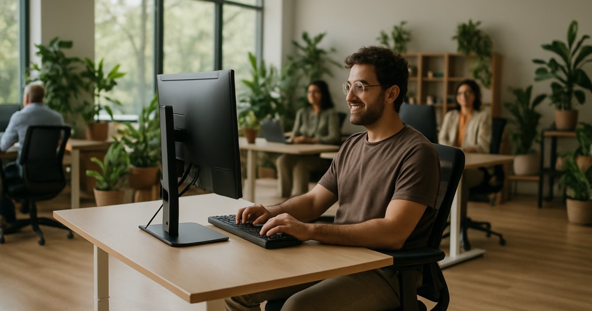 Trabalhador em um ambiente de escritório ergonomicamente adequado