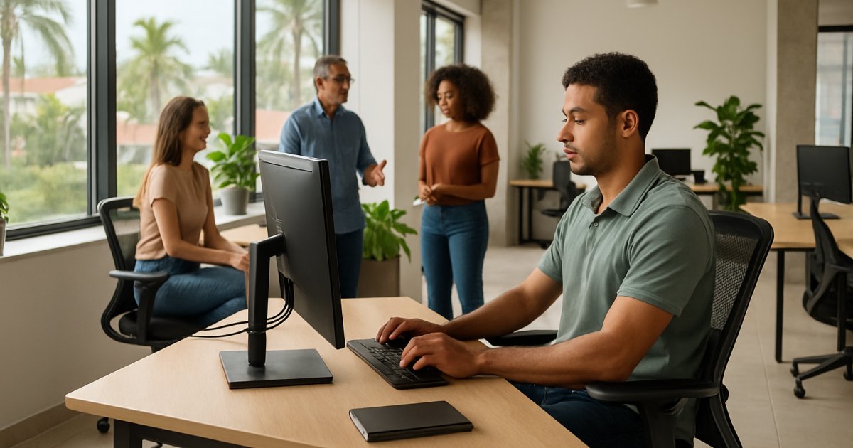 Trabalhador ajustando cadeira ergonômica em escritório