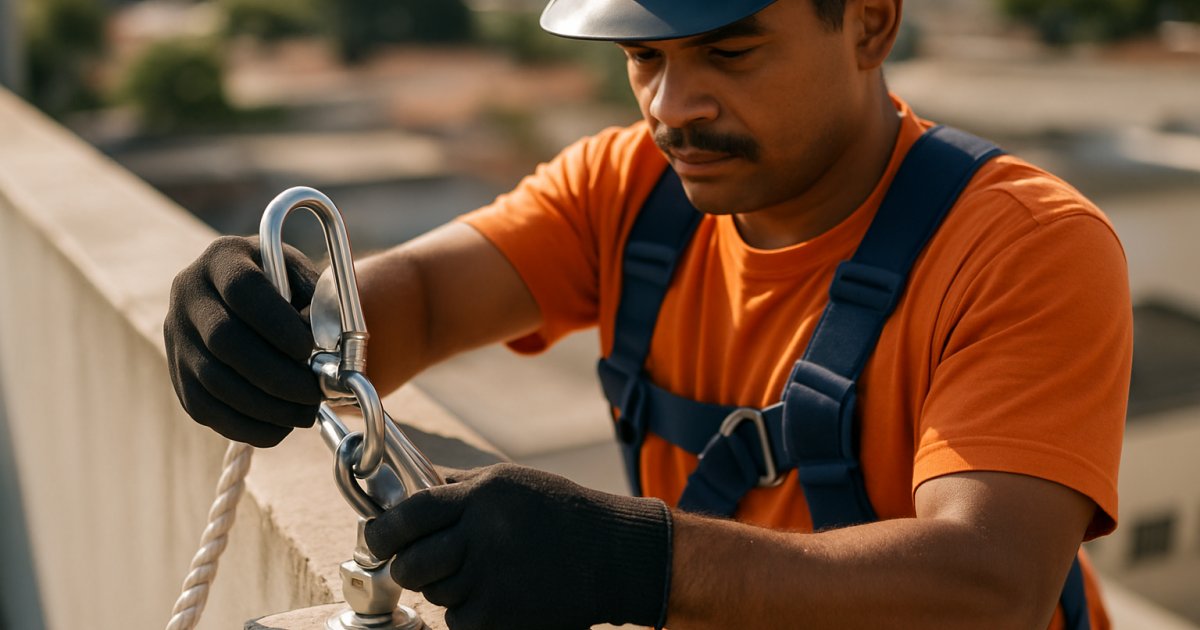 Trabalhador utilizando equipamentos de segurança em altura