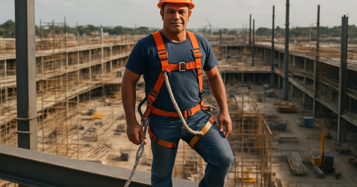 Trabalhador utilizando equipamentos de segurança em altura