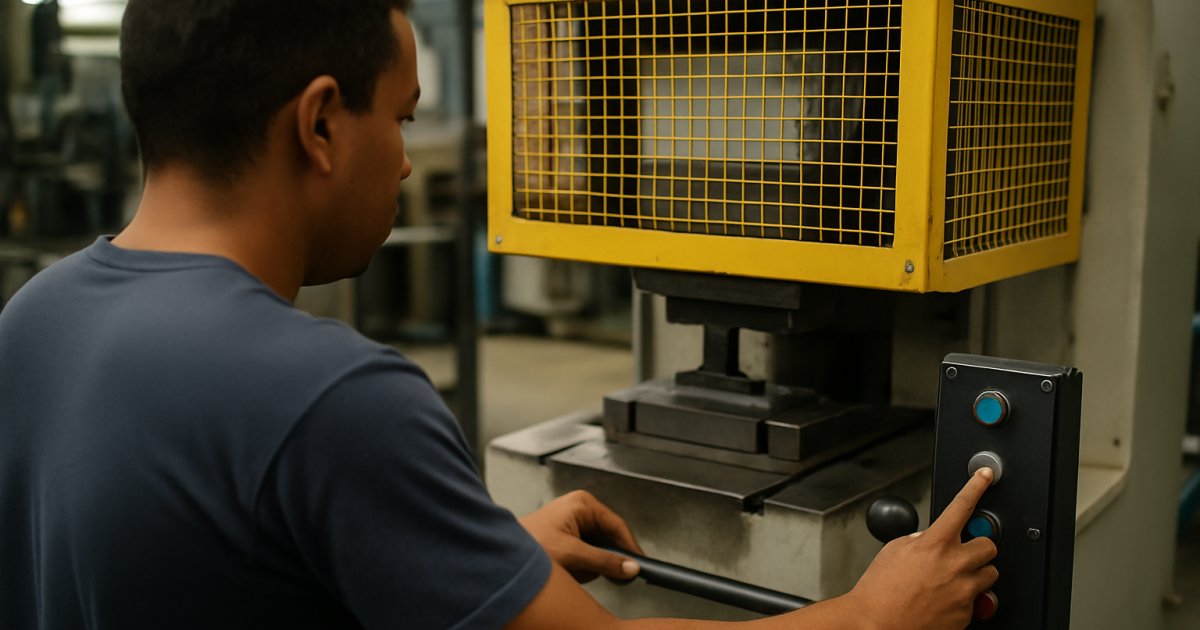 Máquinas industriais com dispositivos de segurança e sinalização conforme a NR-12.